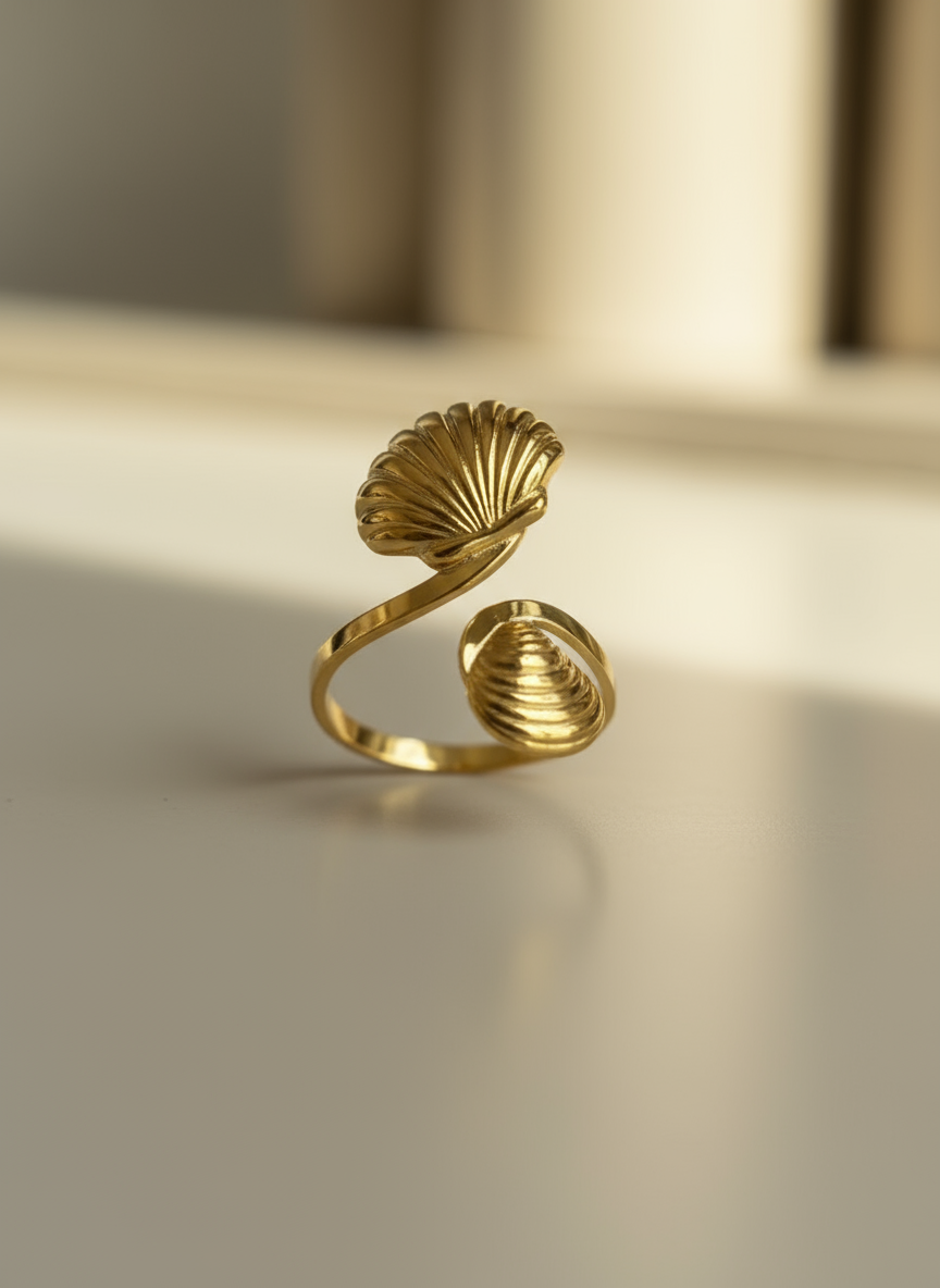 Elegant sea-shell gold ring with, sparkling textured jewellery for women